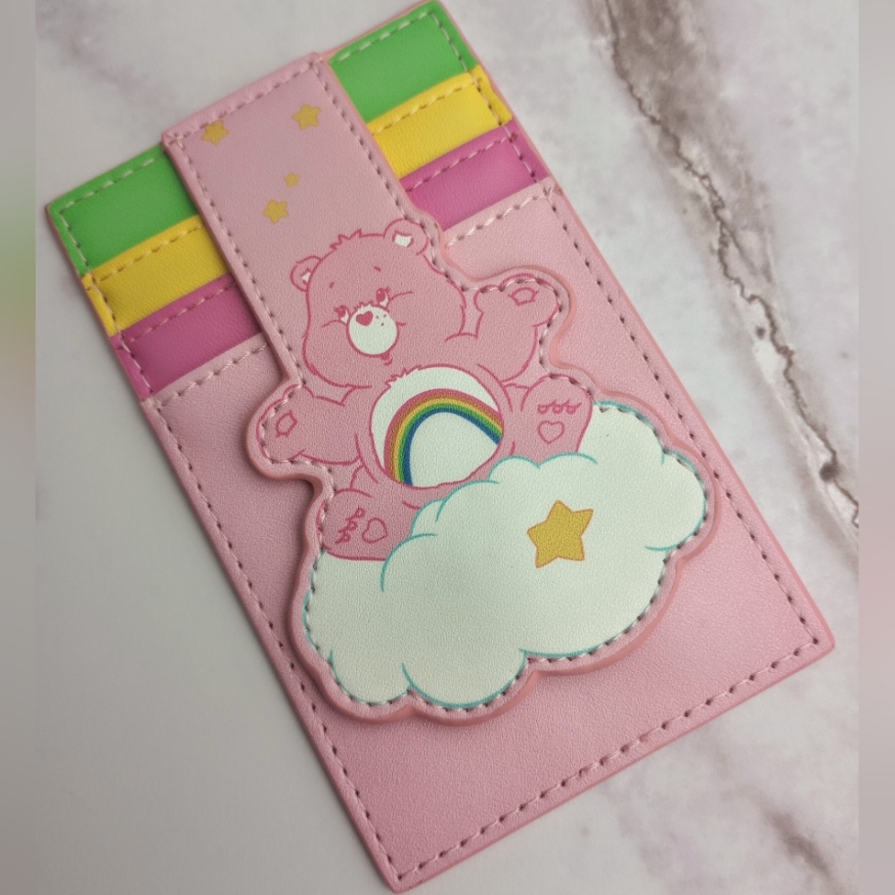 New! Pink Care Bears Fashion Card Holder Button Wallet Rainbow Cloud
